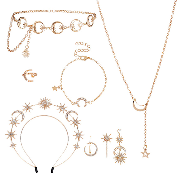 8 комплекты ювелирных изделий из сплава стилей, включая ожерелья, браслеты, кольца, серьги, цепочки, ремни и аксессуары для волос