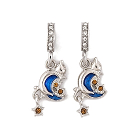 Alliage de placage en rack cristal strass breloques européennes pendantes, pendentifs chat & lune grand trou avec émail bleu