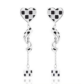 Enamel Checkerboard Heart & Twist & Cube Dangle Stud Earrings with Rhinestone, Brass Tassel Drop Earrings for Women