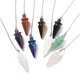 Gemstone Pointed Dowsing Pendulums, with Rack Plating Platinum Plated Brass Findings, Cadmium Free & Lead Free, Cone