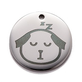 Pendentifs en acier inoxydable, polissage manuel, plat rond avec un chien