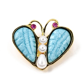 Broches papillon en résine et alliage pour vêtements, avec strass et perles d'imitation en plastique
