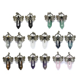 Natural Stone Faceted Pointed Bullet Big Pendants, Rack Plating Antique Silver Plated Alloy Butterfly Charms, Cadmium Free & Lead Free