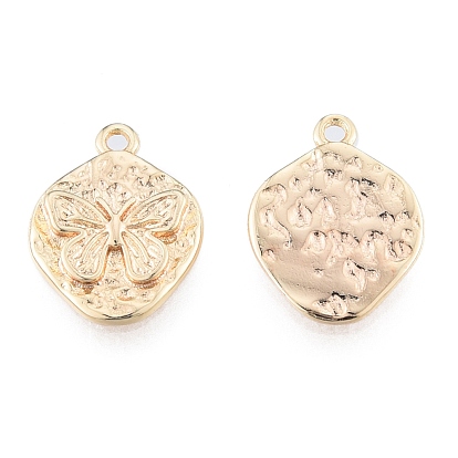 Brass Charms, Cadmium Free & Nickel Free & Lead Free, Textured, Flat Round with Butterfly