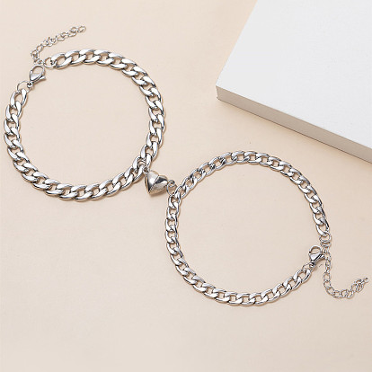 Stainless Steel Heart Magnetic Clasp Couple Bracelet Set with Adjustable Chain