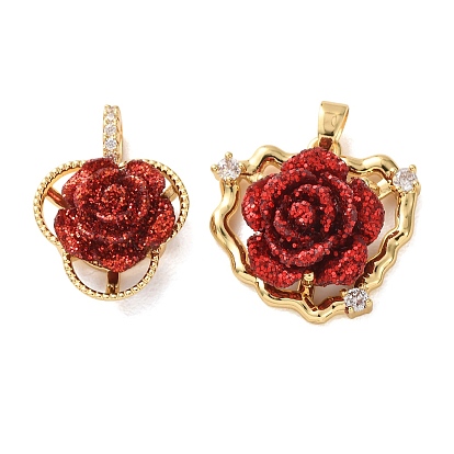 Brass Micro Pave Clear Cubic Zirconia Pendants, with Resin, Flower Charms, Long-Lasting Plated, Rack Plating, Lead Free & Cadmium Free, E-Coating