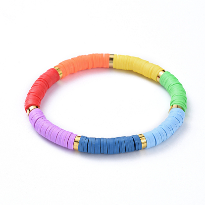 Chakra Jewelry, Handmade Polymer Clay Heishi Beads Stretch Bracelets, with Brass Spacer Beads