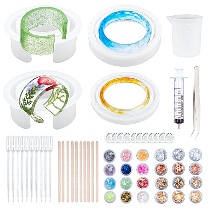 DIY Bangle Silicone Mold Kits, Resin Casting Molds, with Nail Art Sequins/Paillette, Birch Wooden Craft Ice Cream Sticks, 100ml Measuring Cup and Beading Tweezers