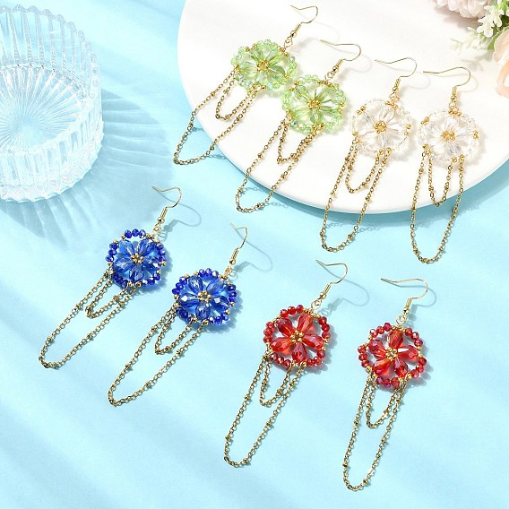 Electroplate Glass Woven Dangle Earrings for Women, Flower, 304 Stainless Steel Dangle Earrings, Real 18K Gold Plated