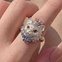 Alloy Rhinestone Cuff Open Rings, Cat Shape with Crown