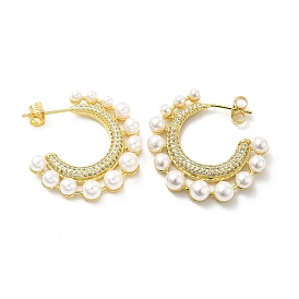 Clear Cubic Zirconia C-shape Stud Earrings with ABS Pearl Beaded, Brass Half Hoop Earrings for Women