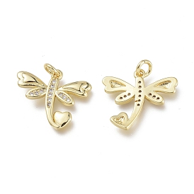 Brass Micro Pave Clear Cubic Zirconia Pendants, with Jump Rings, Long-Lasting Plated, Dragonfly
