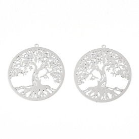 Rack Plating Brass Filigree Pendants, Long-Lasting Plated, Flat Round with Tree of Life Charm, Nickel Free
