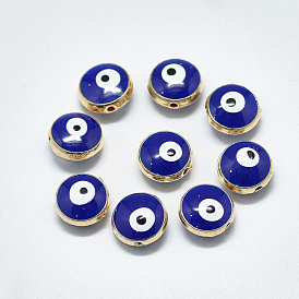 Alloy Enamel Beads, Flat Round with Evil Eye, Light Gold