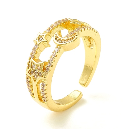 Bague de manchette ouverte lune et étoile en zircone cubique transparente pour femme, sans cadmium et sans plomb