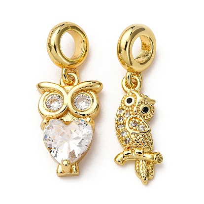 Латунные подвески-шармы в виде совы с прозрачными кубическими цирконами, Подвески с большими отверстиями, стойки покрытие, долговечный, без кадмия и без свинца