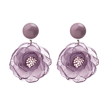 Серьги-гвоздики из шифона, смолы и пластика, цветок