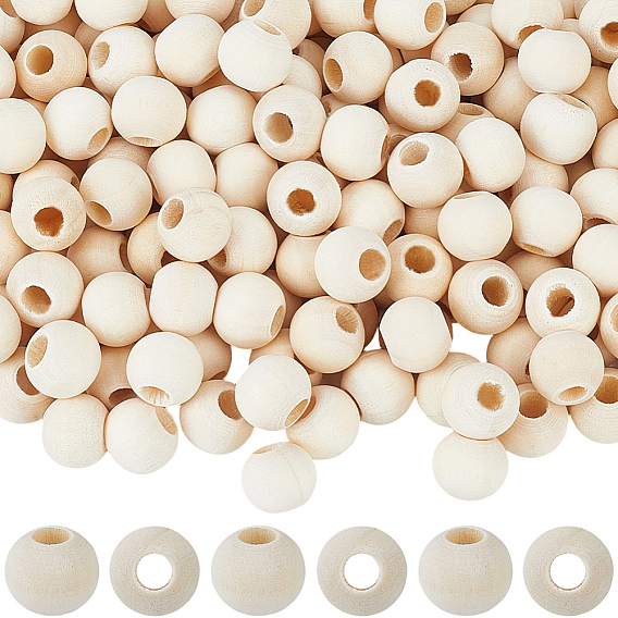 500Pcs Unfinished Natural Wood European Beads, Lager Hole Beads, Round