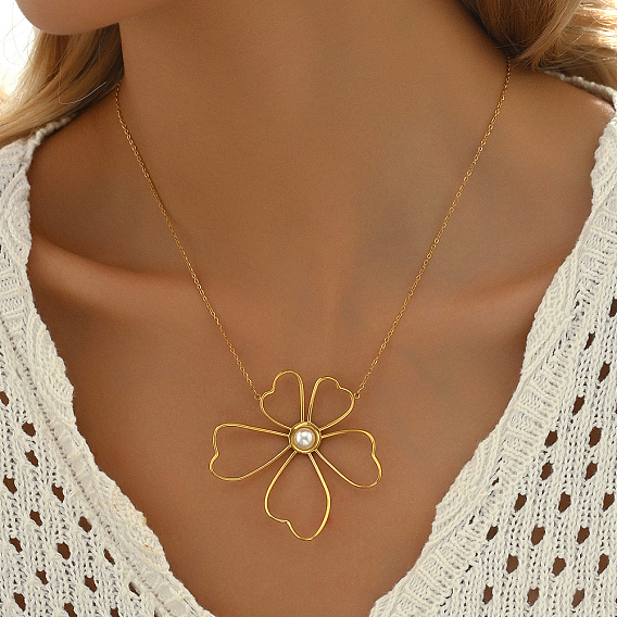 Элегантные ожерелья с подвесками в виде цветка из нержавеющей стали и искусственного жемчуга для женщин, белые