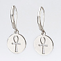 304 Stainless Steel Dangle Earrings, with Brass Leverback Earring Findings, Flat Round with Ankh Cross
