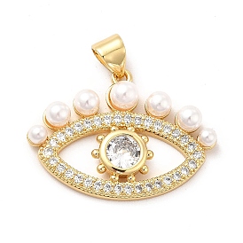 Brass Micro Pave Clear Cubic Zirconia Pendants, with ABS Plastic Imitation Pearl, Golden, Eye Charm