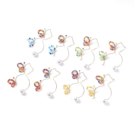 Glass Beaded Butterfly Cuff Earrings with Acrylic Pearl, Brass Big Non Piercing Earrings for Women