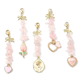 Décorations de pendentif en perles de puce de quartz rose naturel, Breloques en alliage d'émail pour la Saint-Valentin et fermoirs mousquetons en acier inoxydable, coeur, tulipe et nœud papillon
