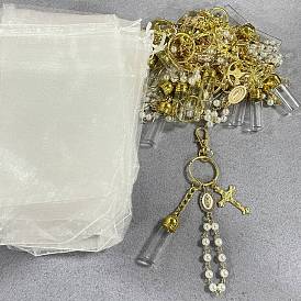 40 Llavero de plástico ABS con imitación de perla y botella de vidrio., cruz y óvalo con virgen maría, con bolsas de regalo de organza y llaveros de hierro partido