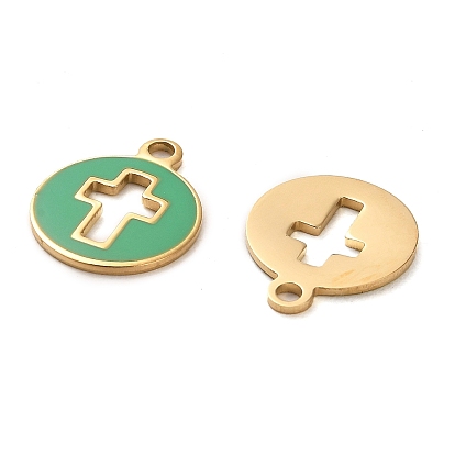 304 Stainless Steel Charms, with Enamel, Flat Round with Cross Charms