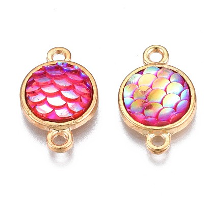 Alloy Resin Links Connectors, Flat Round with Mermaid Fish Scale Shaped, Light Gold