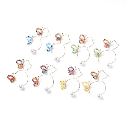 Glass Beaded Butterfly Cuff Earrings with Acrylic Pearl, Brass Big Non Piercing Earrings for Women