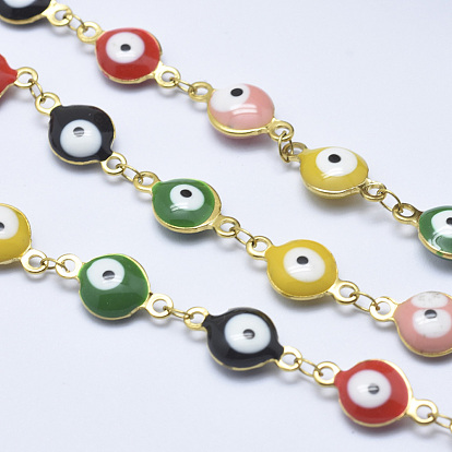 Vacuum Plating Handmade Enamel Beaded Chains, Soldered, with Spool, with Stainless Steel Findings, Flat Round with Evil Eye, Colorful