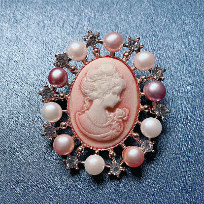 Victorian Oval with Beauty Cameo Imitation Pearl Brooch, Light Gold Alloy Rhinestone Jewelry for Women's Coat