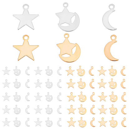 60Pcs 3 Style Moon & Star Brass Charms, Long-Lasting Plated, Real 24K Gold Plated & 925 Sterling Silver Plated