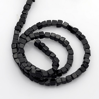 Cube Natural Black Stone Beads Strands, 4x4x4mm, Hole: 1mm, about 85~100pcs/strand, 15.3 inch~15.8 inch