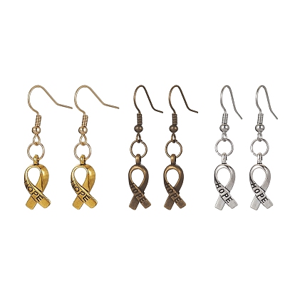 3 Pair 3 Color Alloy Dangle Earrings with 304 Stainless Steel Pins, Ribbon with Word Hope