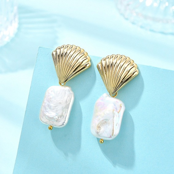 304 Stainless Steel and Natural Baroque Pearl Keshi Pearl Stud Earrings, with Brass Pin, Golden