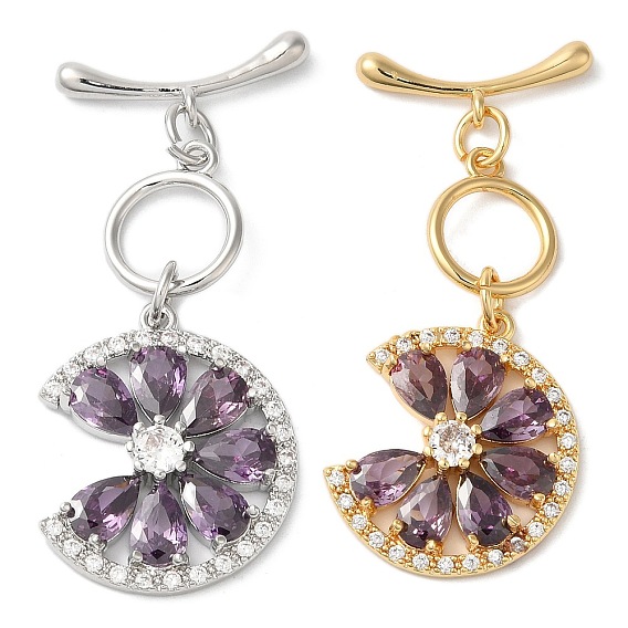 Латунь, застежки-тумблер с паве из кубического циркония, без кадмия, без никеля и без свинца, цветок, фиолетовые