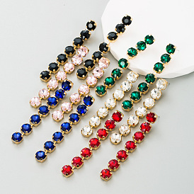 Fashion Colorful Rhinestone Alloy Round Claw Chain Long Earrings for Women