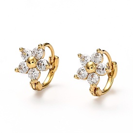 Brass Micro Pave Clear Cubic Zirconia Huggie Hoop Earrings, Ring with Flower