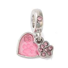 Rack Plating Alloy Light Rose Rhinestone European Dangle Charms, Large Hole Heart & Paw Print Pendants with Enamel, Cadmium Free & Nickel Free & Lead Free, Platinum