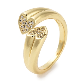 Rack Plating Brass Pave Clear Cubic Zirconia Open Cuff Rings, Cadmium Free & Lead Free, Long-Lasting Plated, Heart