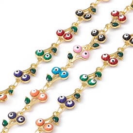Handmade Eco-friendly Brass Enamel Cherry with Evil Eye Link Chain, Real 18K Gold Plated, Lead Free & Cadmium Free, Soldered, with Spool