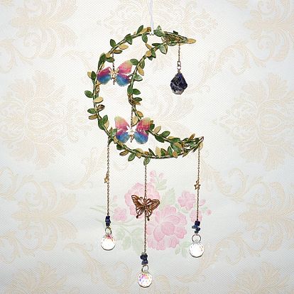 Crystals Moon Chakra Hanging Pendants Decoration, with Gemstone Chips and Brass Findings, for Home, Garden Decoration