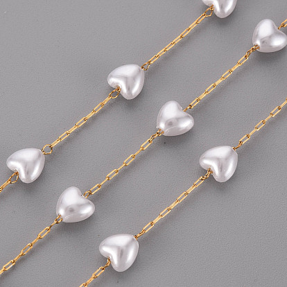 Handmade ABS Plastic Imitation Pearl Beaded Chains, with 304 Stainless Steel Paperclip Chains, Drawn Elongated Cable Chains and Spool, Soldered, Heart