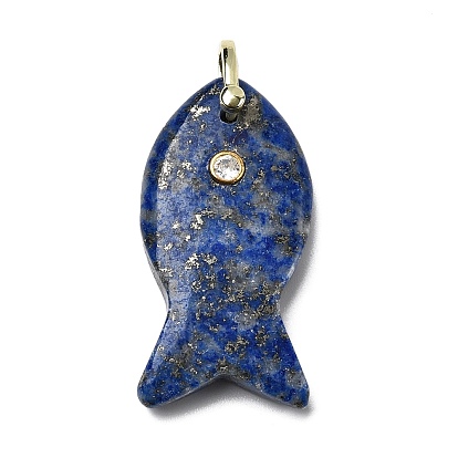 Natural Lapis Lazuli Pendants, Fish Charms with Brass Micro Pave Cubic Zirconia Findings, Golden, Rack Plating