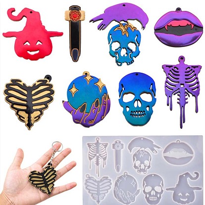 DIY Silicone Halloween Theme Pendant Molds & Keychain & Jump Ring Set, Resin Casting Molds, For UV Resin, Epoxy Resin Jewelry Making, Pumpkin/Skeleton/Lip