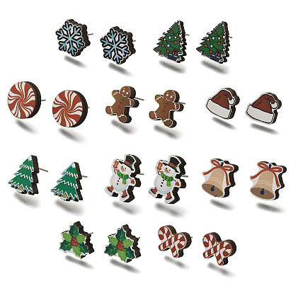 Рождественские деревянные серьги-гвоздики с принтом для женщин, с 316 штифта из нержавеющей стали, платина