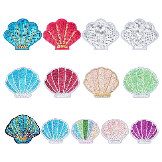 13Pcs Polyester Sew on Patches, Sequin Appliques, Costume Accessories, Shell Shape