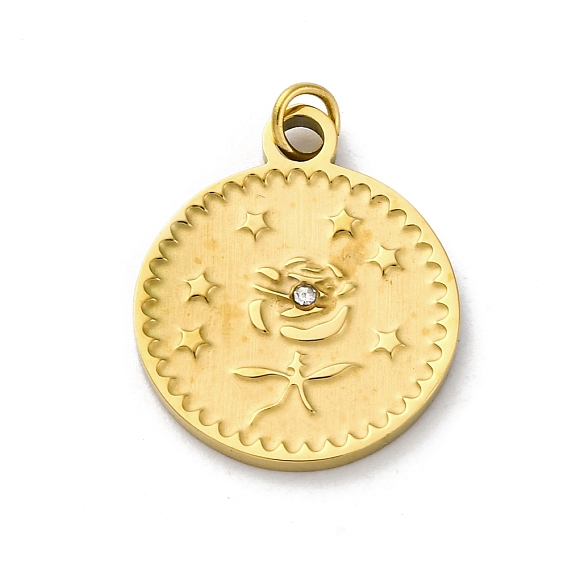 304 из нержавеющей стали горный хрусталь подвески, с целью перехода в кольце, плоский круглый с подвеской в виде розы, ионное покрытие (ip)